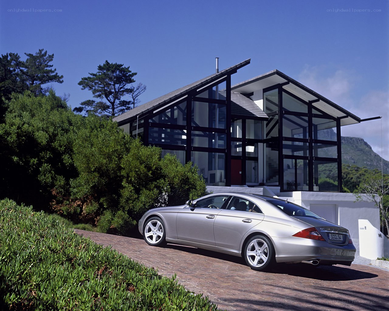Silver car at modern house