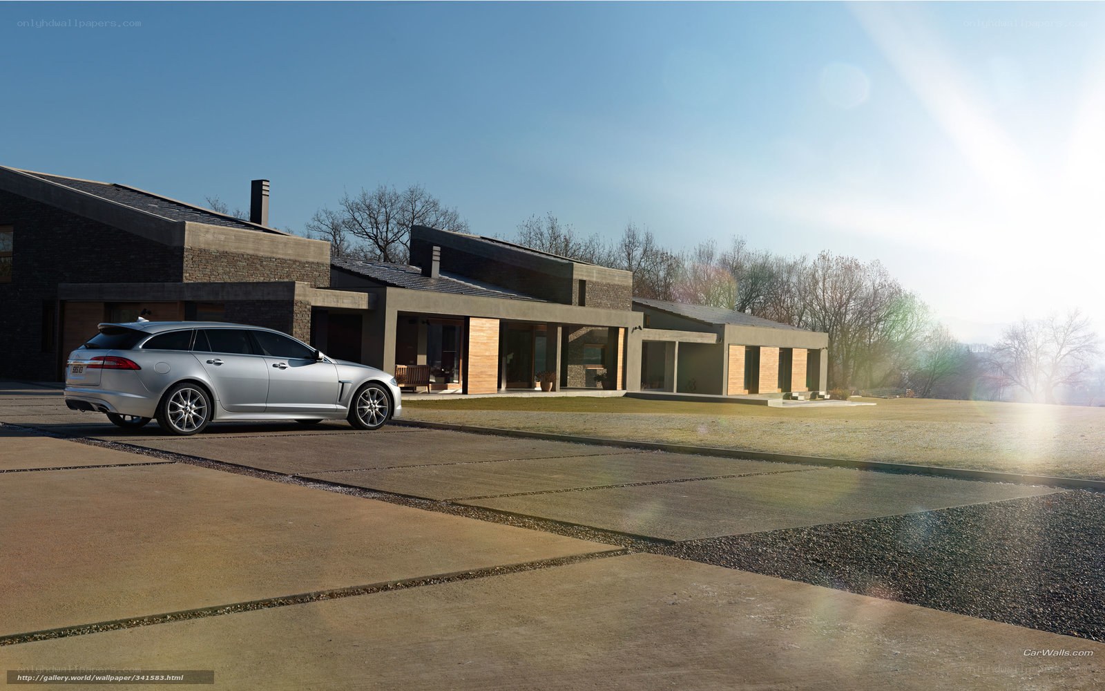 Silver car at modern house