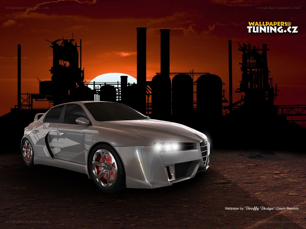 Silver car at sunset