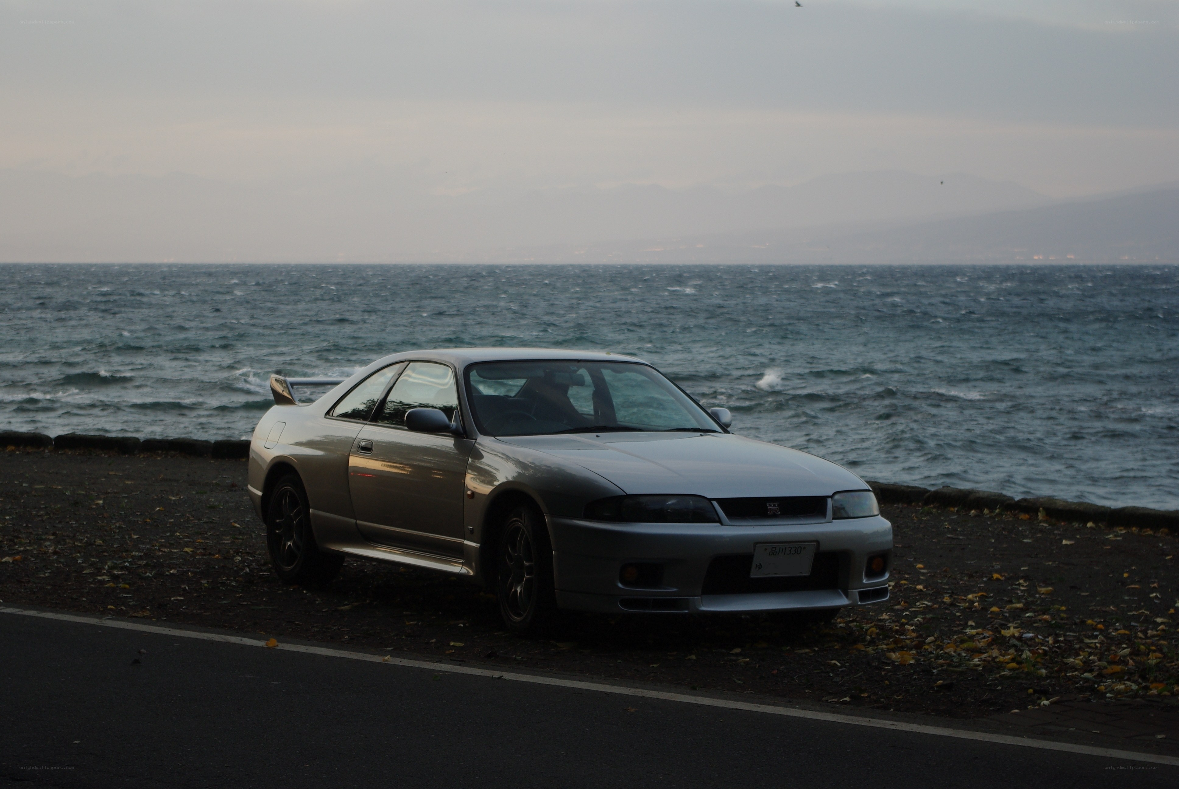 Silver car by the sea