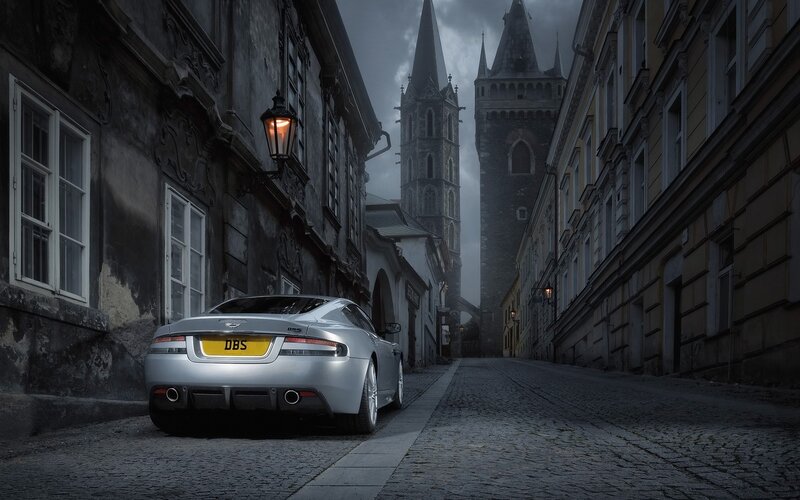 Silver car in old European street