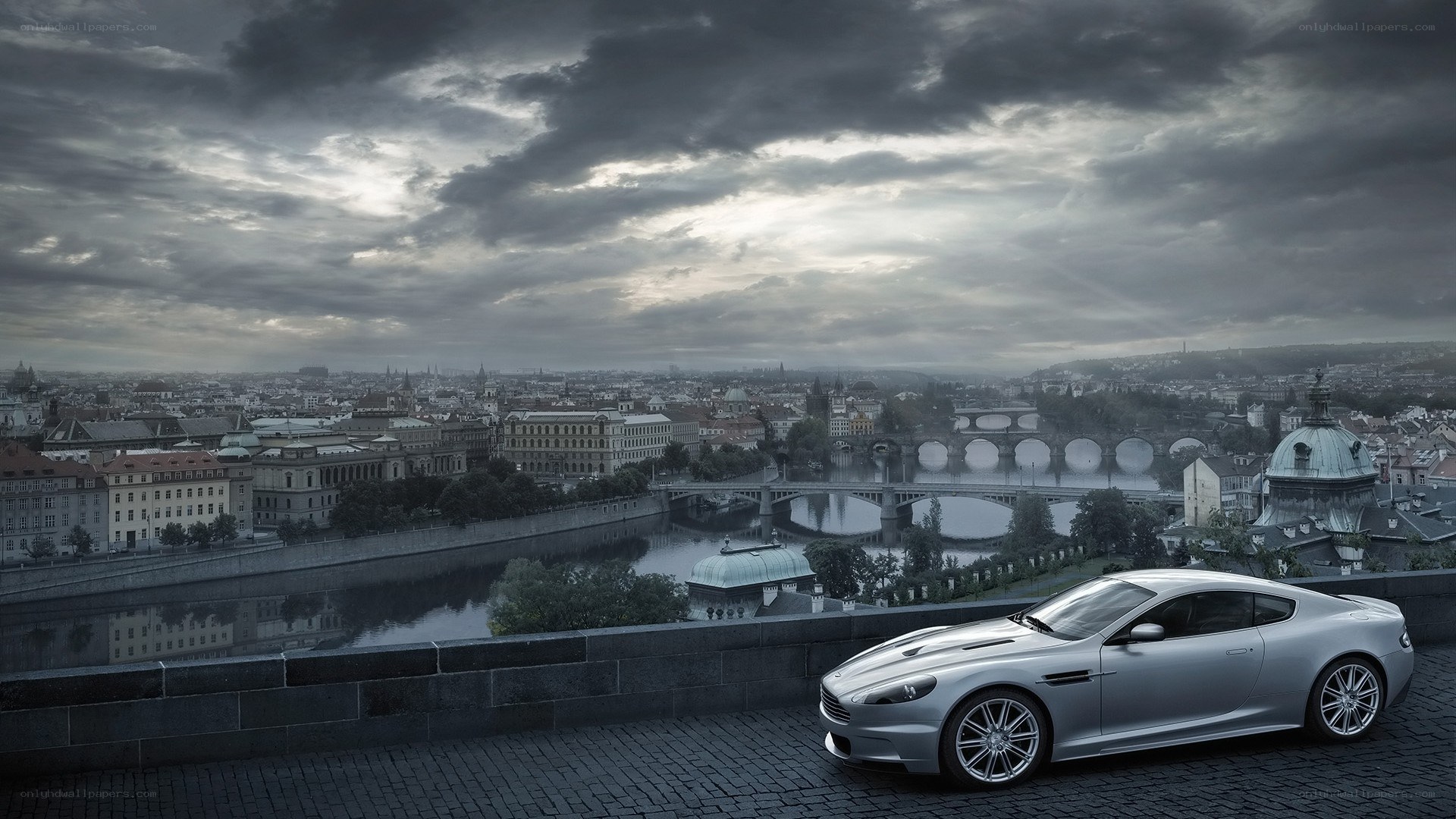 Silver car on city overlook