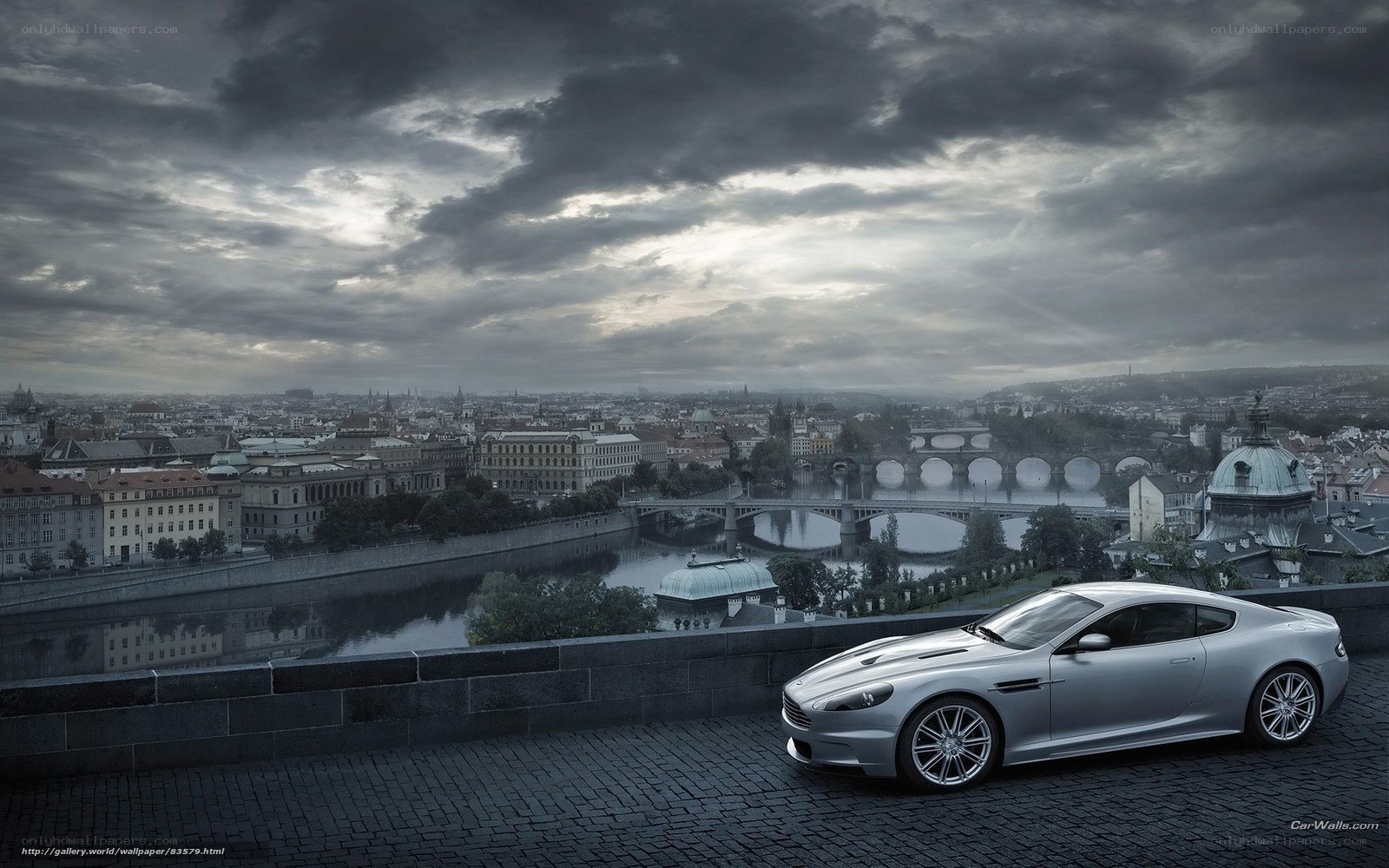 Silver car on city view