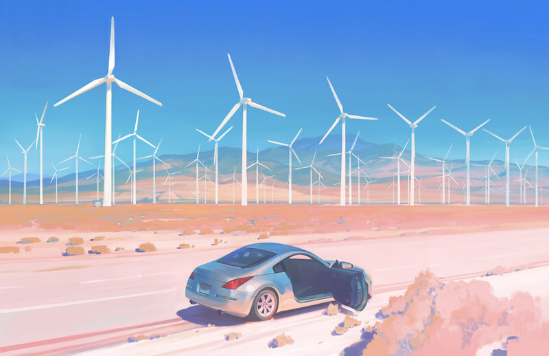 Silver Car on Desert Road — Blue