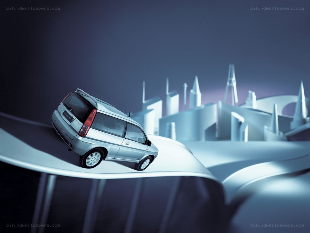 Silver car on futuristic road