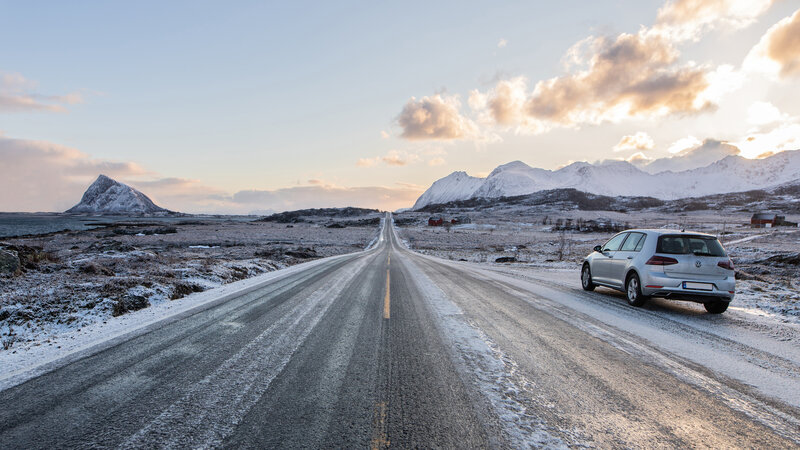 Silver Car on Snowy Road — Gray