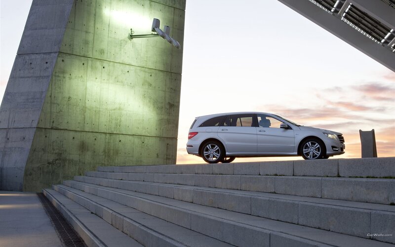 Silver car on stone steps