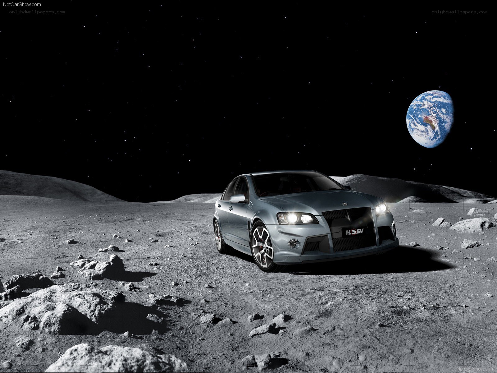 Silver car on the moon