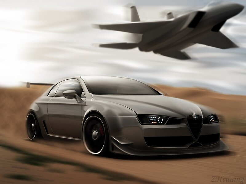 Silver car racing with jet