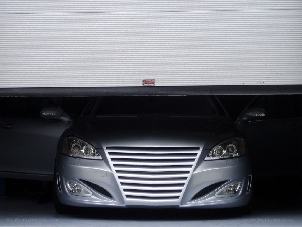 Silver car under garage door