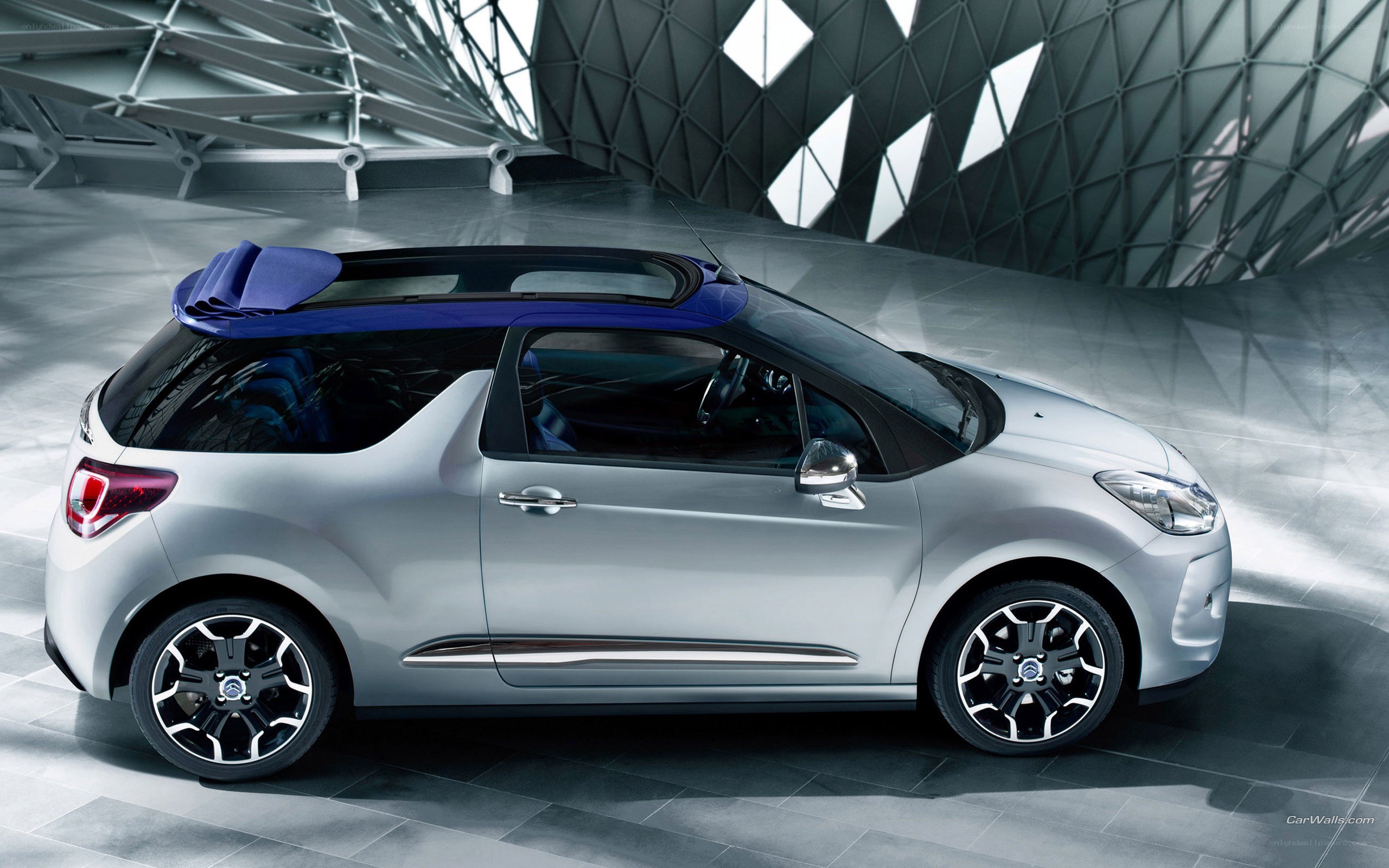 silver car with blue roof
