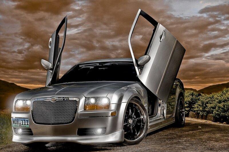 Silver Car with Doors Open — Gray, Dramatic