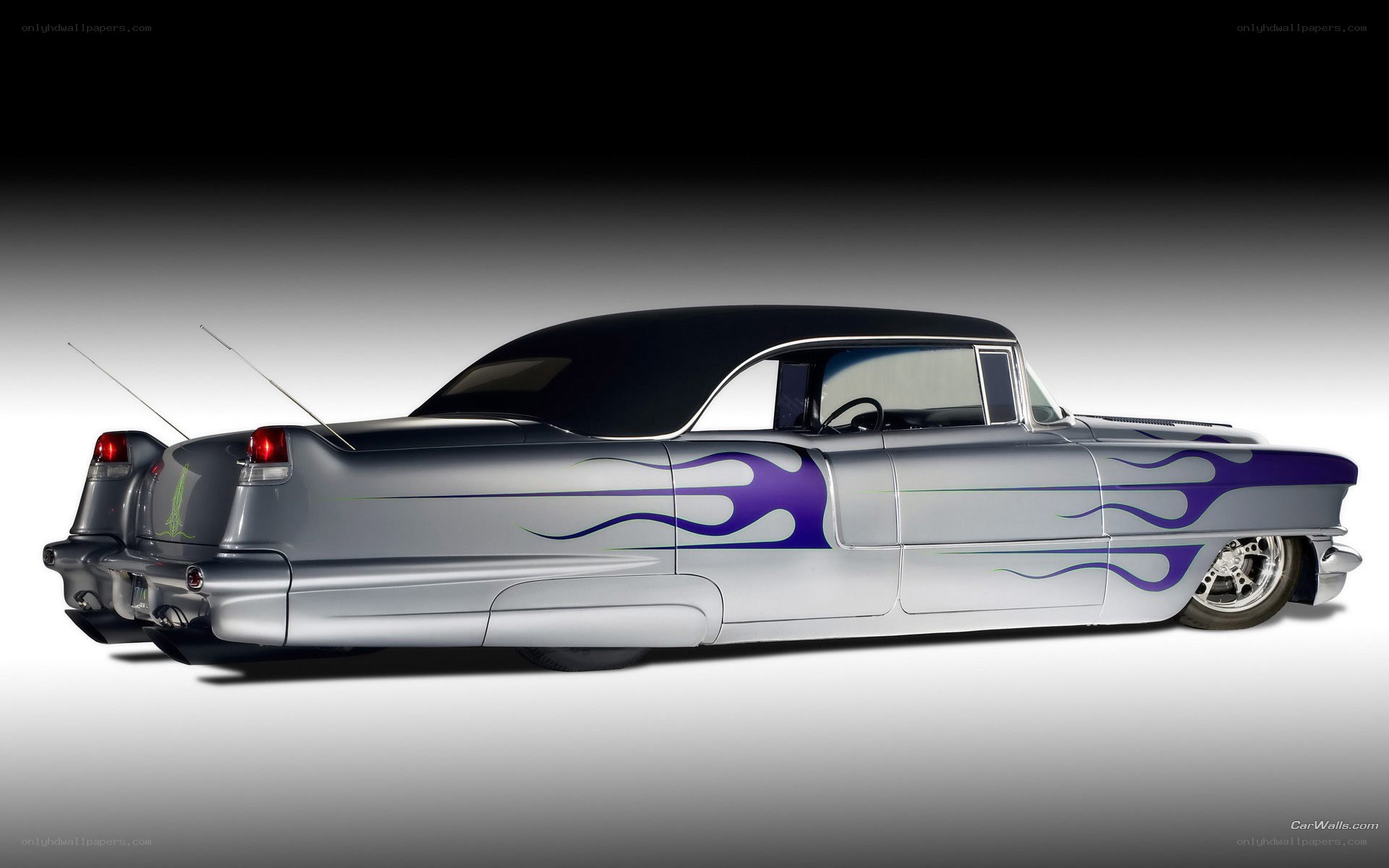 silver car with purple flames
