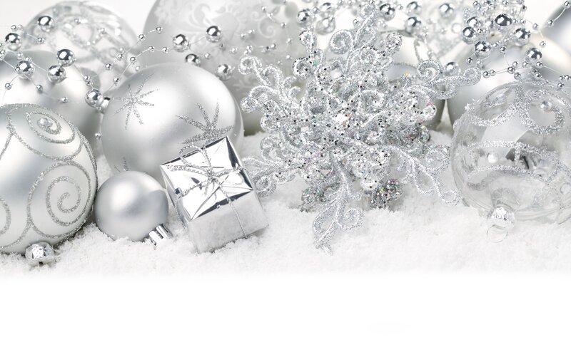 Silver Christmas Ornaments — White, Festive, Winter, Photograph, Snow, Gift Box