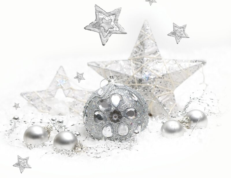 Silver Christmas Ornaments — White, Festive, Winter, Photograph, Stars