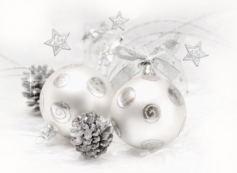 Silver Christmas Ornaments — White, Festive, Winter, Photograph