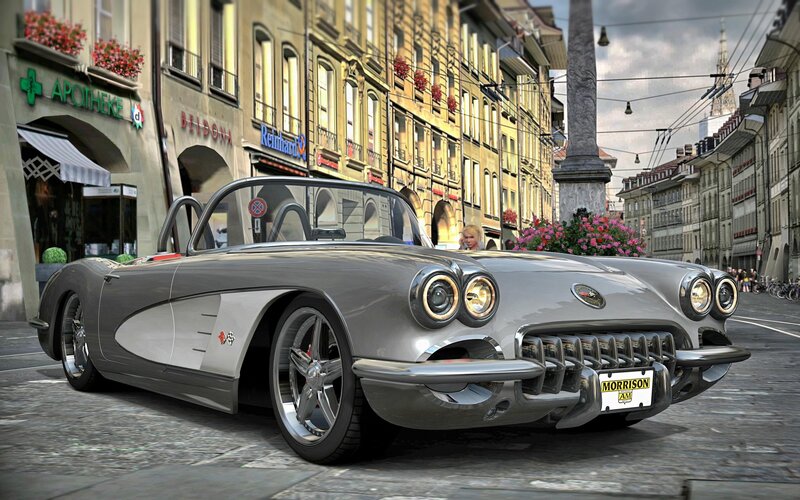 Silver Classic Car — Gray, Urban, Afternoon, 3d Render