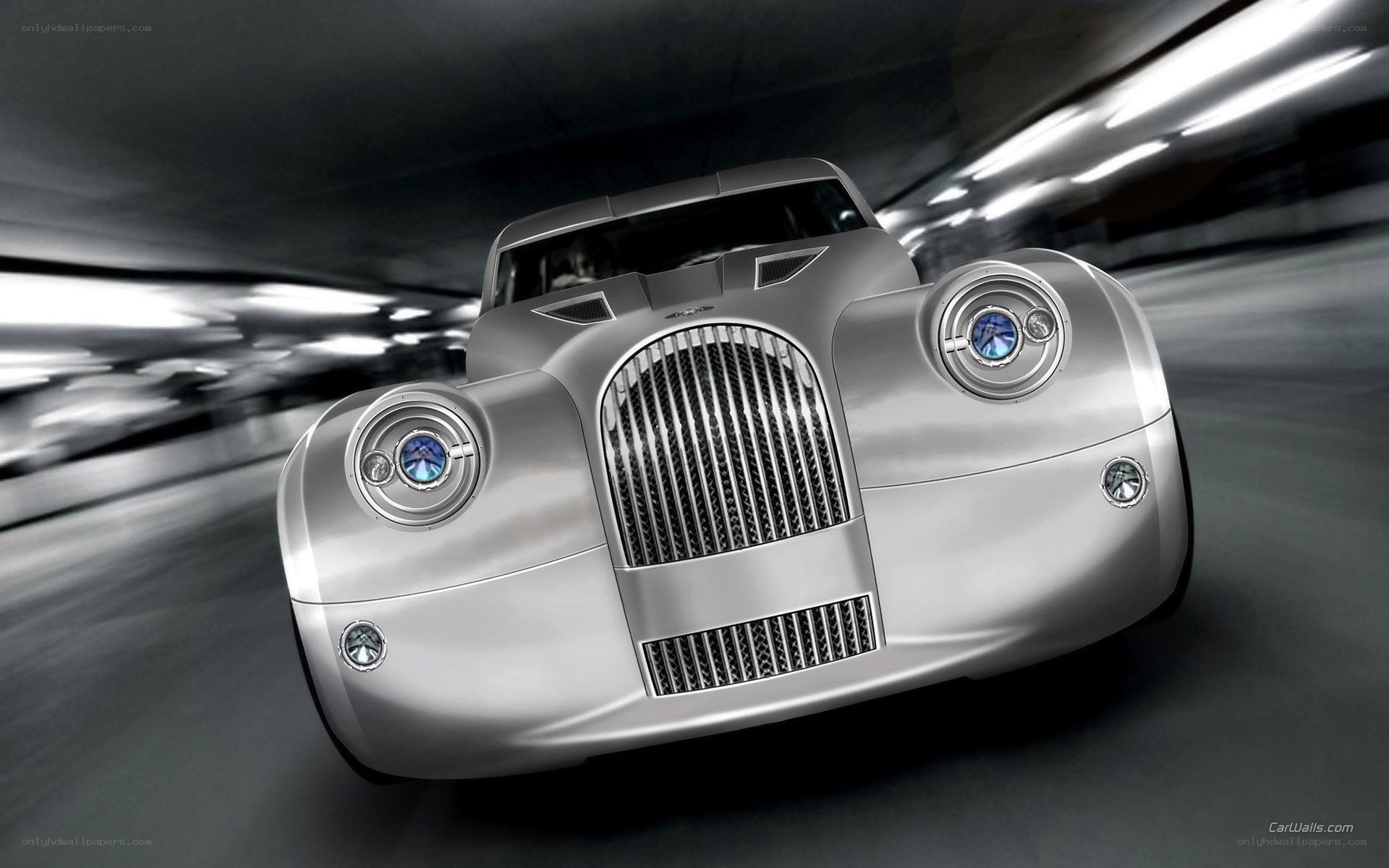 silver classic car in motion