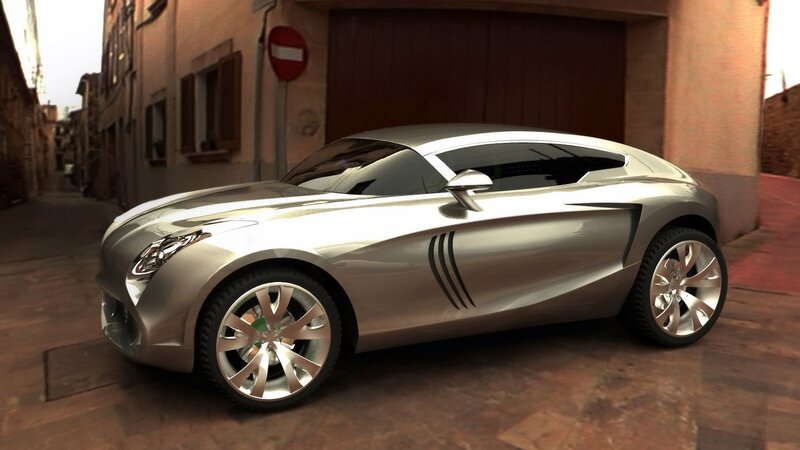 Silver Concept Car — Calm, Afternoon, 3d Render, Building