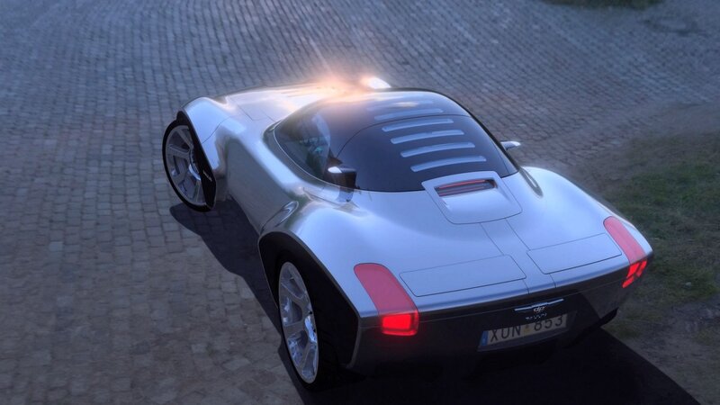 Silver Concept Car — Dramatic, Sunset, 3d Render, Cobblestone, License Plate