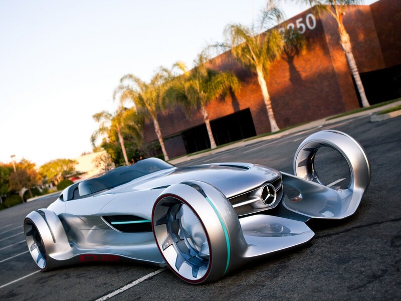 Silver Concept Car — Dramatic, Sunset, Photograph, Building, Palm Trees