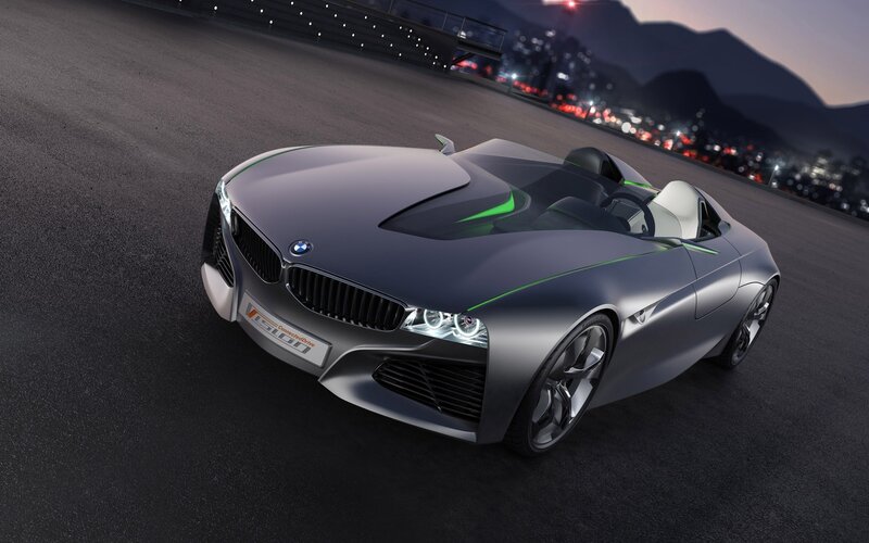 Silver Concept Car — Gray, Dramatic, Night, 3d Render, City Lights, Mountains