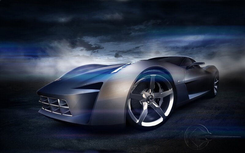 Silver Concept Car — Gray, Dramatic, Night, Digital Art, Sky, Clouds, Blue