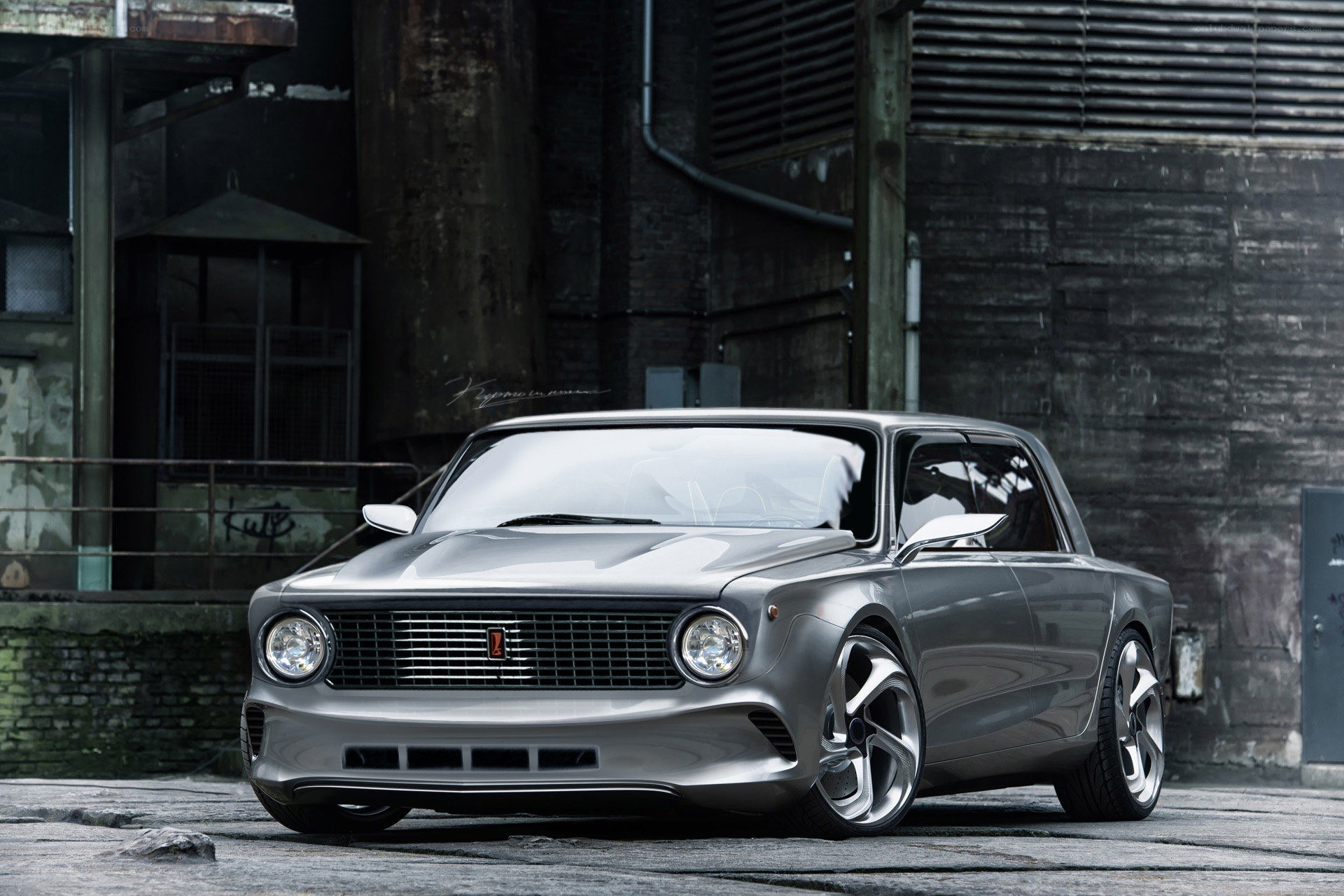 Silver concept car in industrial setting