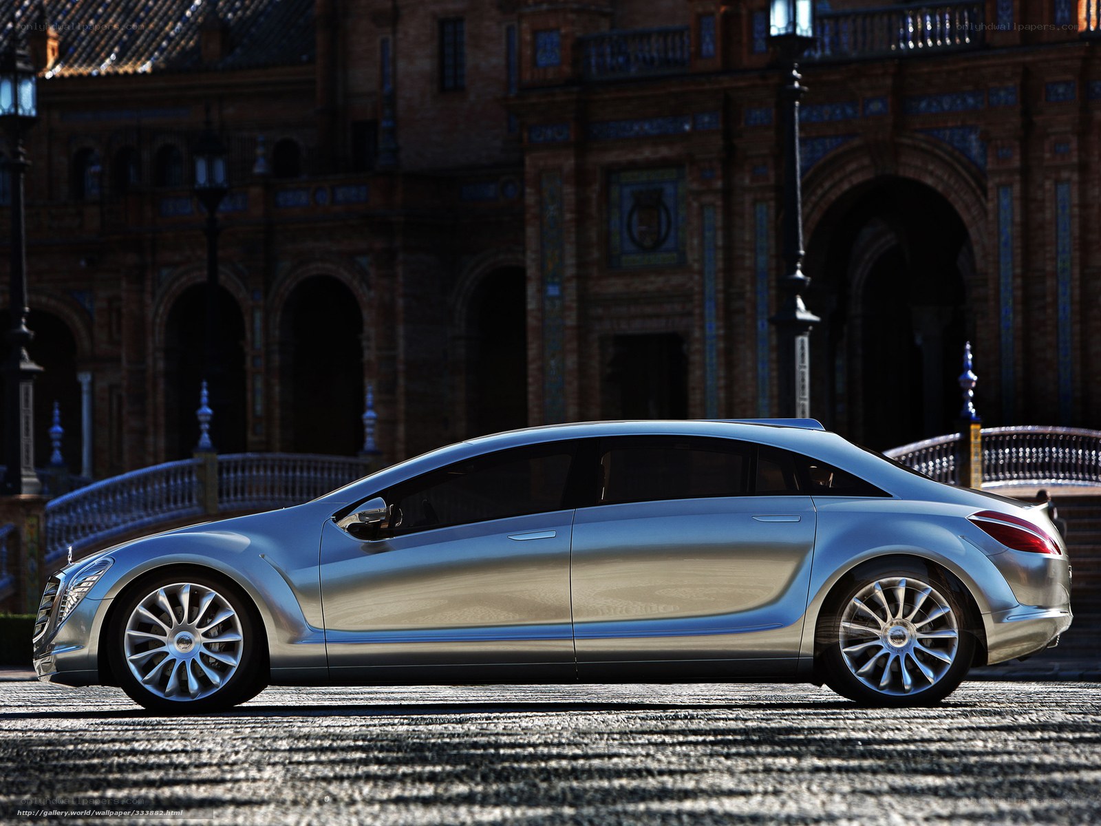 Silver concept car on cobblestones