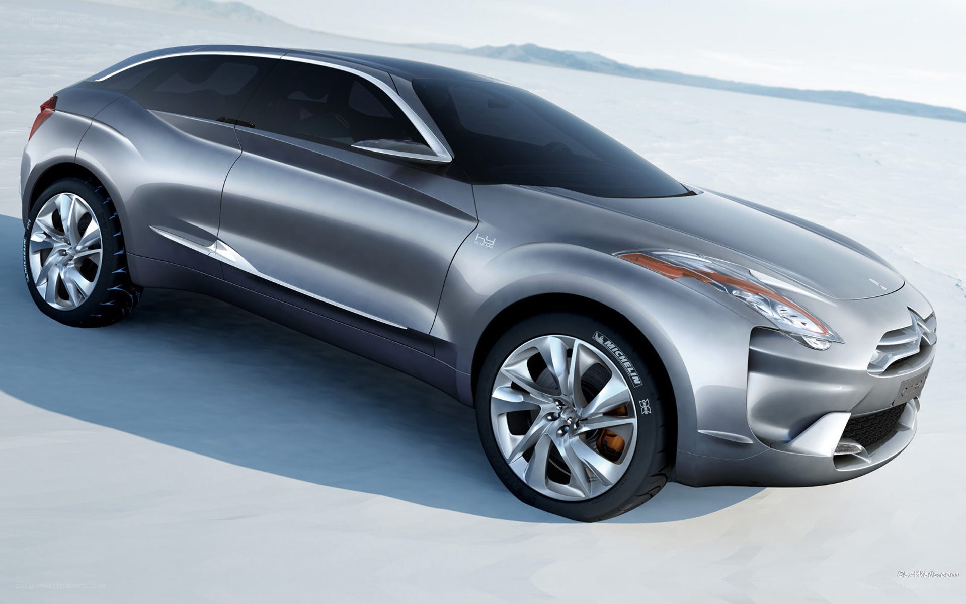 Silver concept car on snow