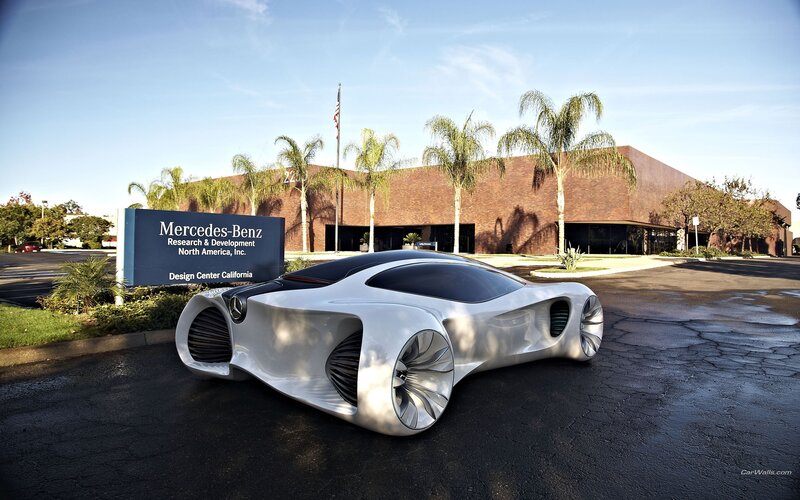Silver Concept Car — Serene, Afternoon, Photograph, Building, Palm Trees, Sign