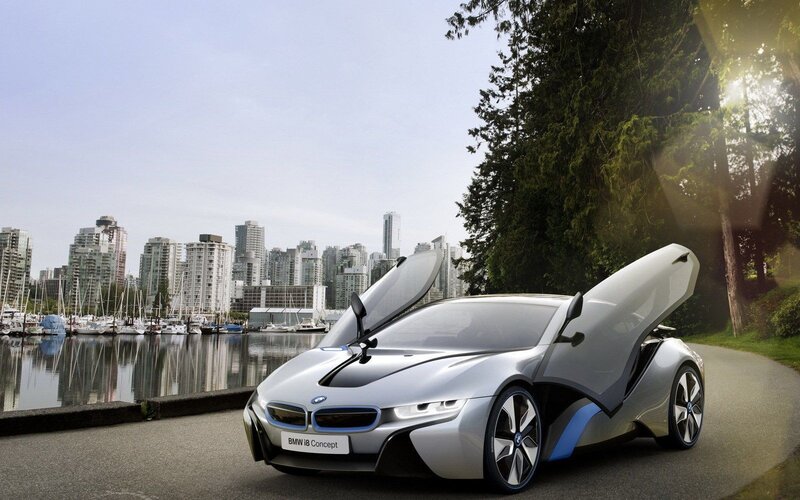 Silver Concept Car — Serene, Afternoon, Photograph, City Skyline