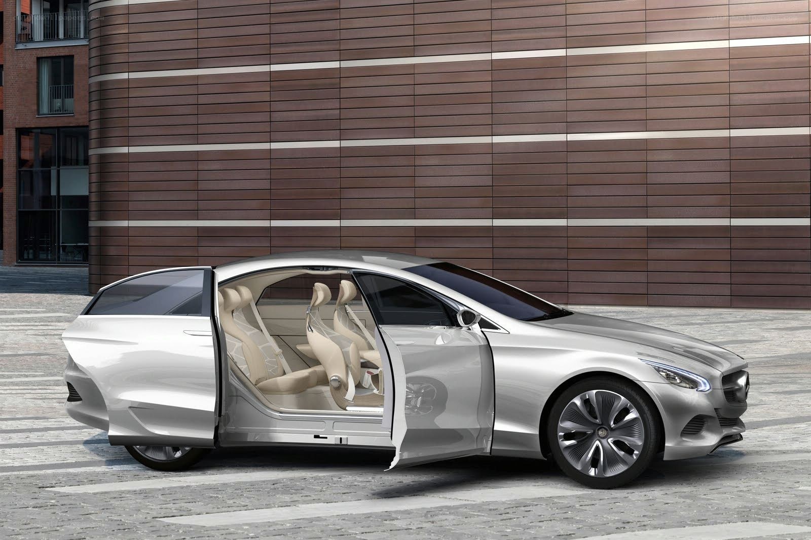 Silver concept car with open doors