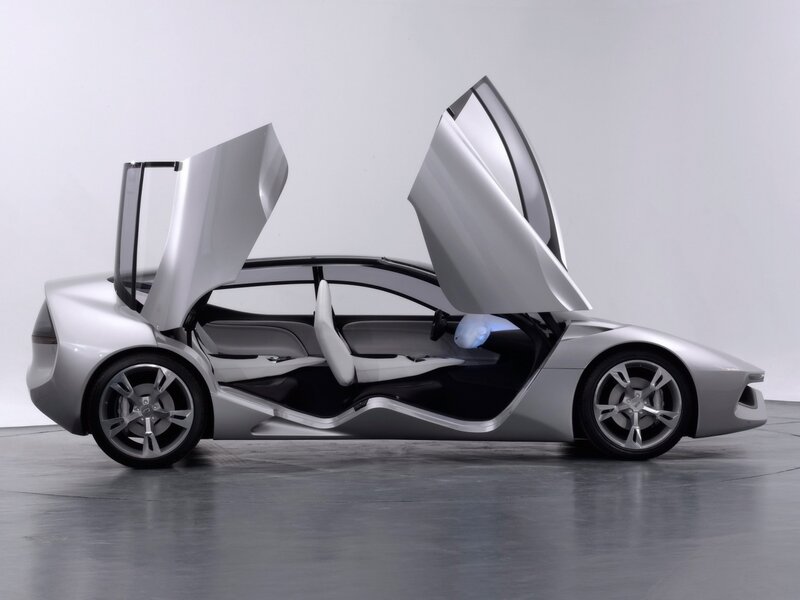 Silver concept car with open doors