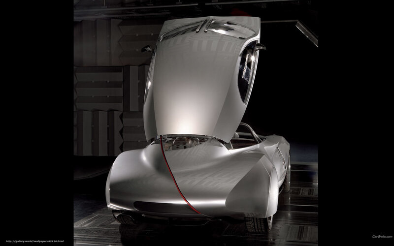 Silver concept car with open hood