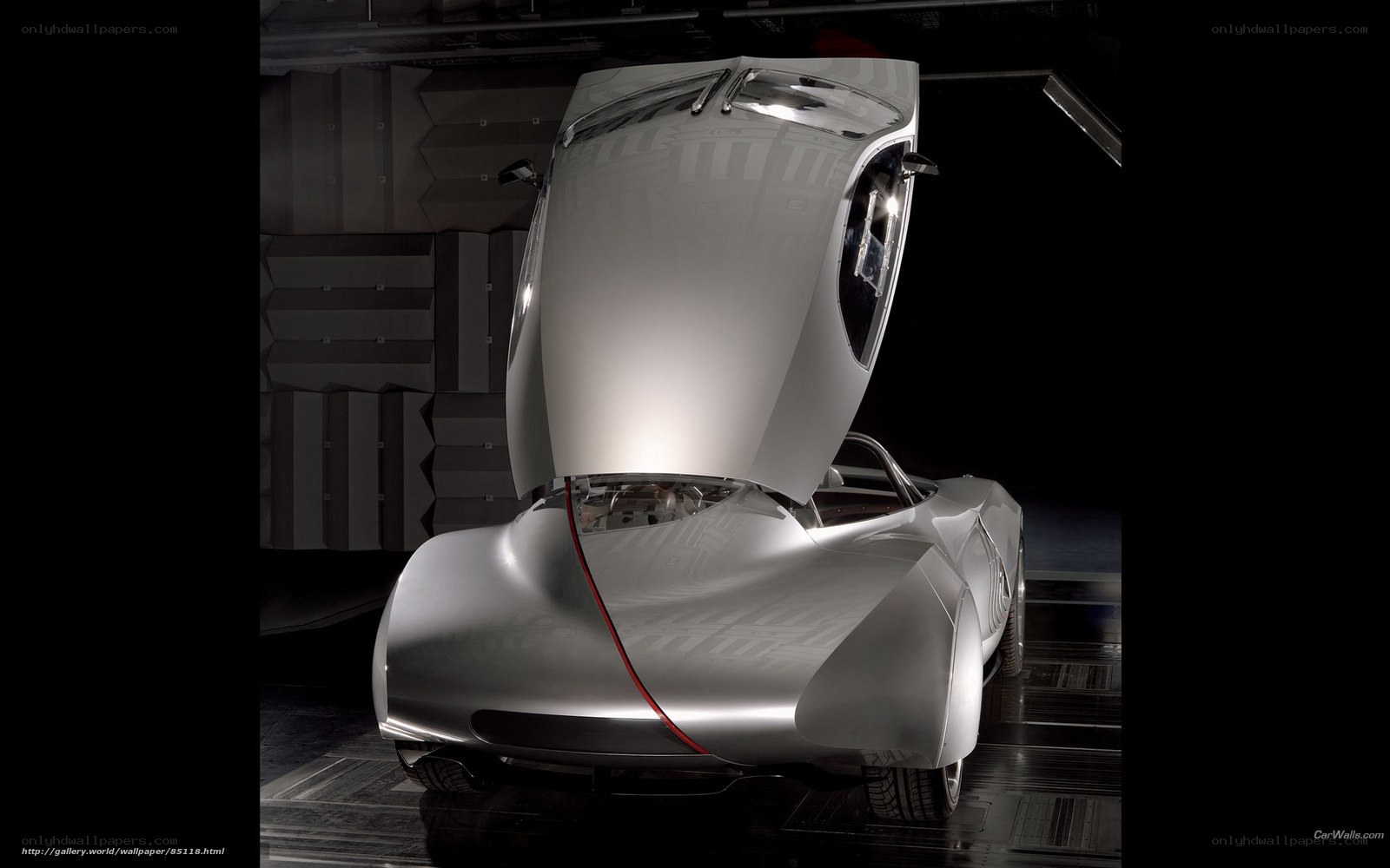 Silver concept car with open hood