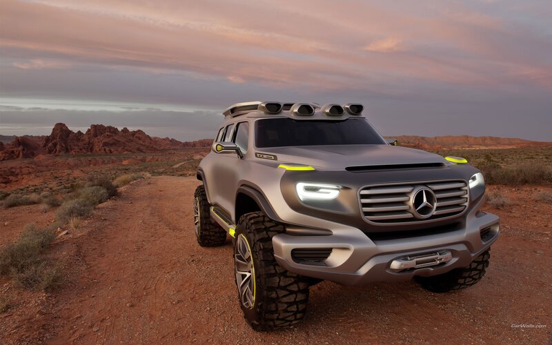 Silver Concept SUV — Gray, Dramatic, Sunset, 3d Render, Desert, Rock Formations, Dirt Road