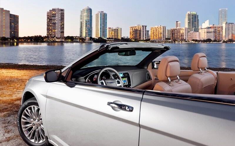 Silver convertible by the water