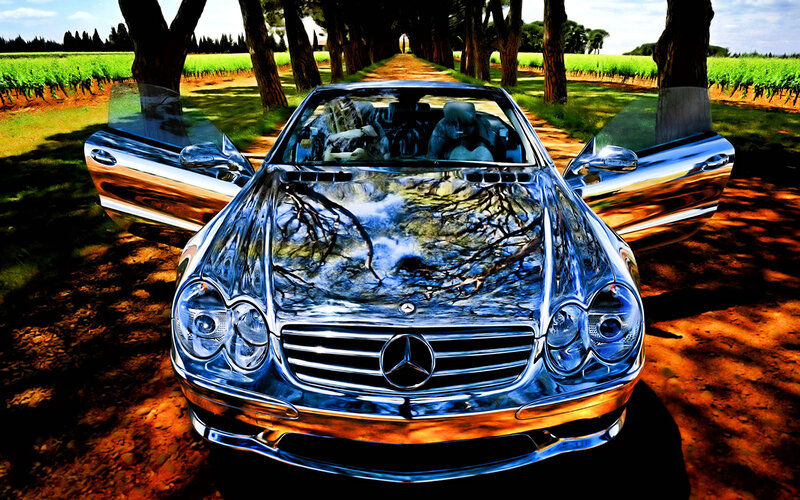 Silver Convertible Car — Blue, Dramatic