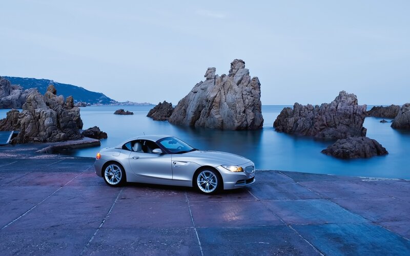 Silver Convertible Car — Blue, Serene, Sunset