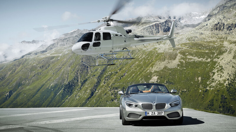 Silver Convertible Car — Dramatic, Afternoon, Photograph, Helicopter