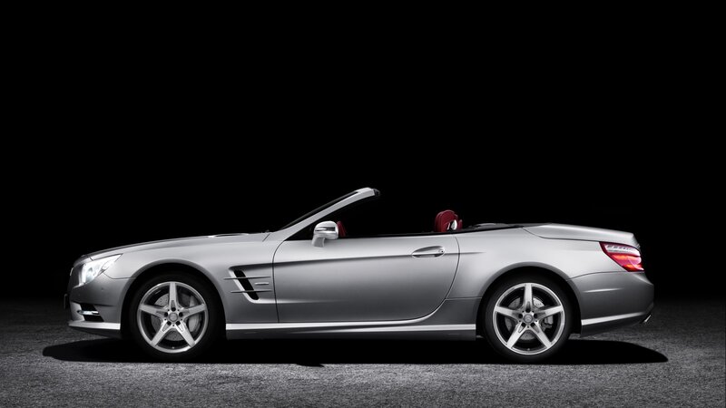 Silver Convertible Car — Dramatic, Photograph, Red Seats, Black Background, Black