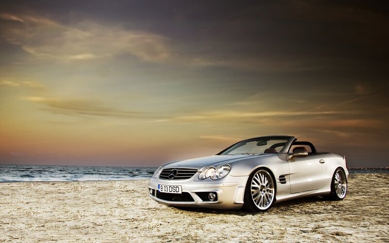 Silver Convertible Car — Dramatic, Sunset, Photograph, Beach, Ocean, Sky