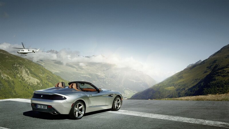 Silver Convertible Car — Gray, Dramatic, Afternoon, Photograph, Helicopter, Mountains, Road, Green