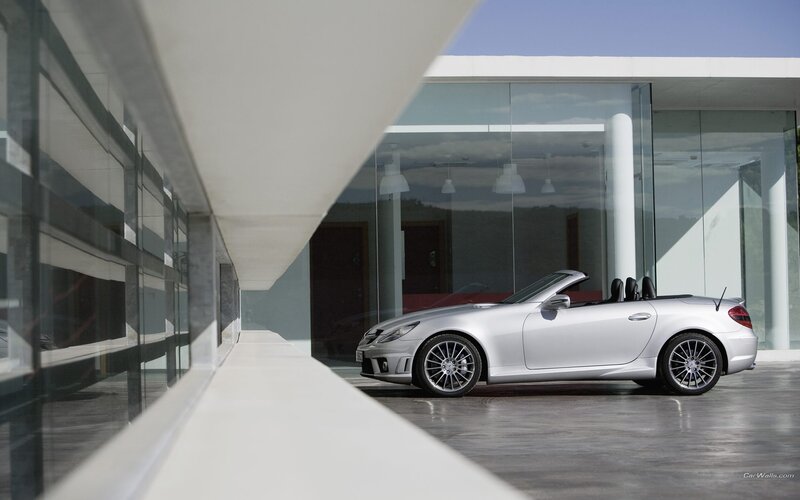 Silver Convertible Car — Serene, Afternoon, Photograph, Modern Building, Glass Facade