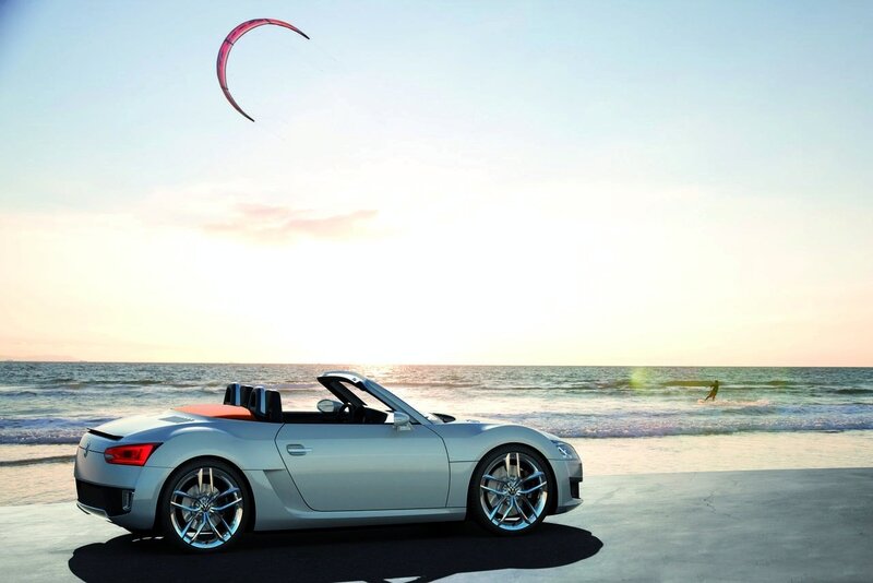 Silver Convertible Car — Serene, Sunset, Photograph, Kite Surfer, Ocean, Sky