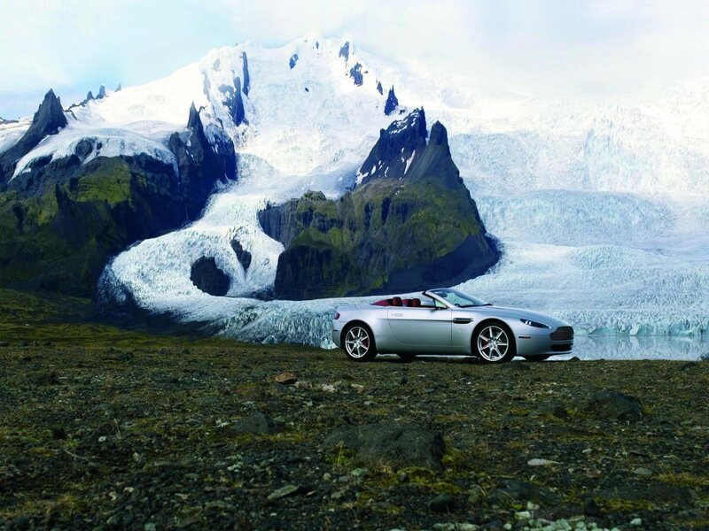 Silver convertible on glacier landscape