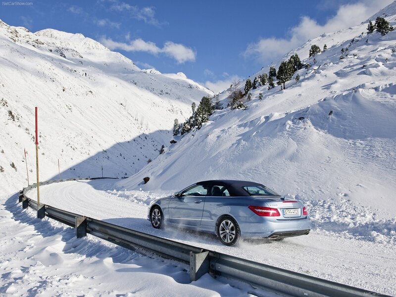 Silver convertible on snowy mountain road