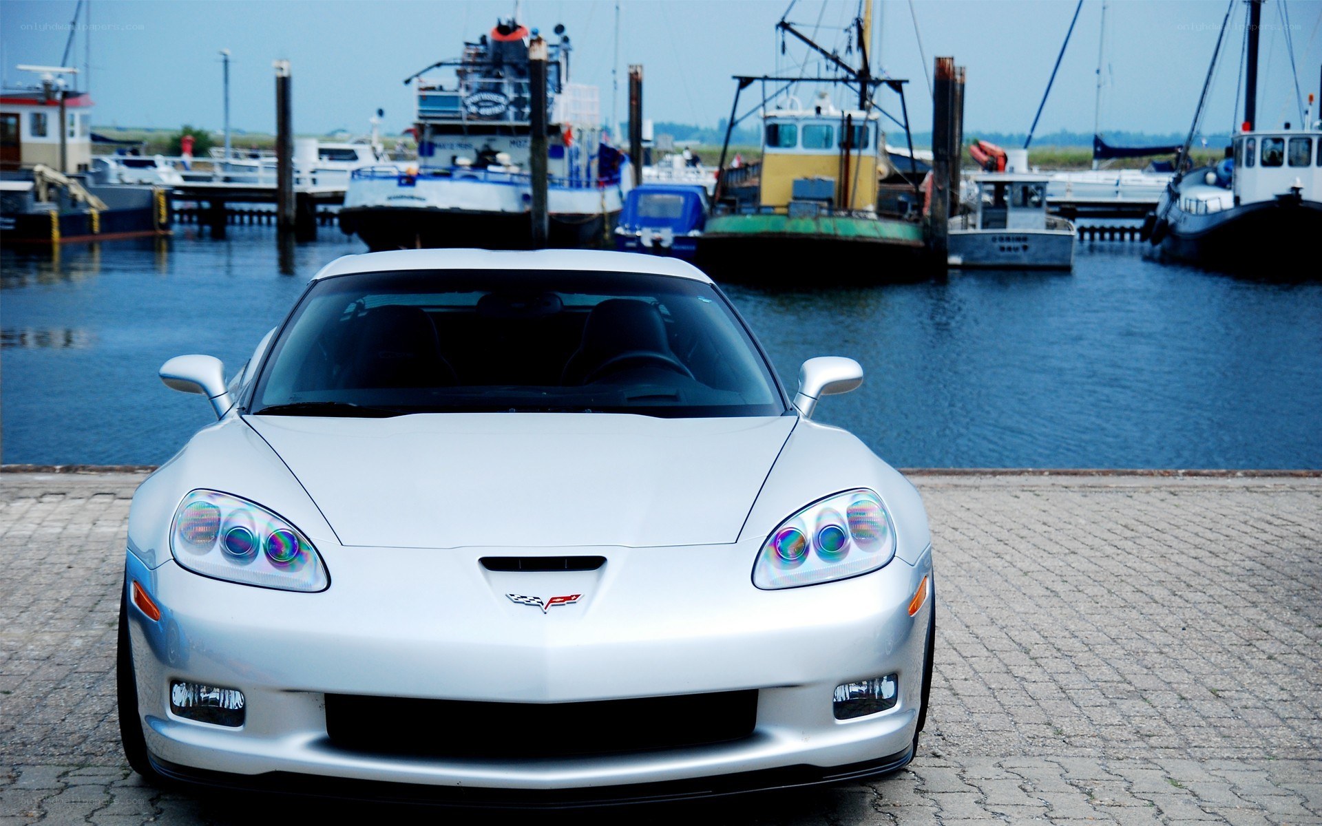Silver Corvette at a marina