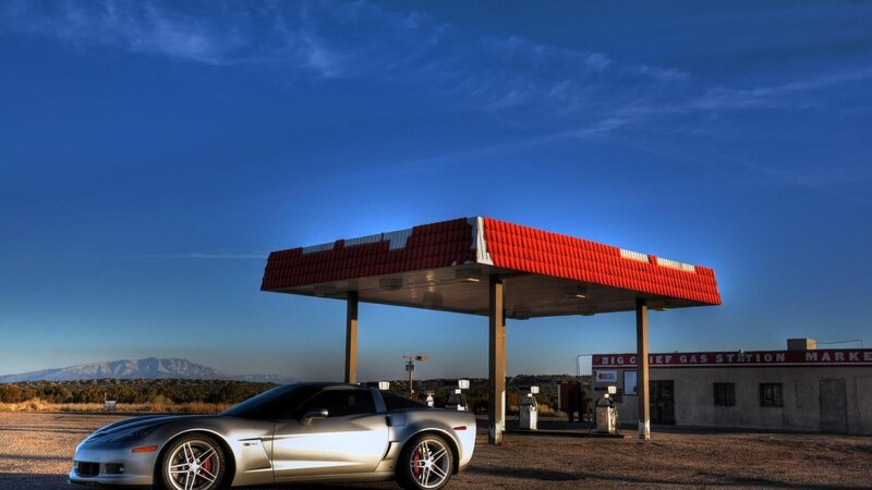 Silver Corvette at Gas Station — Blue